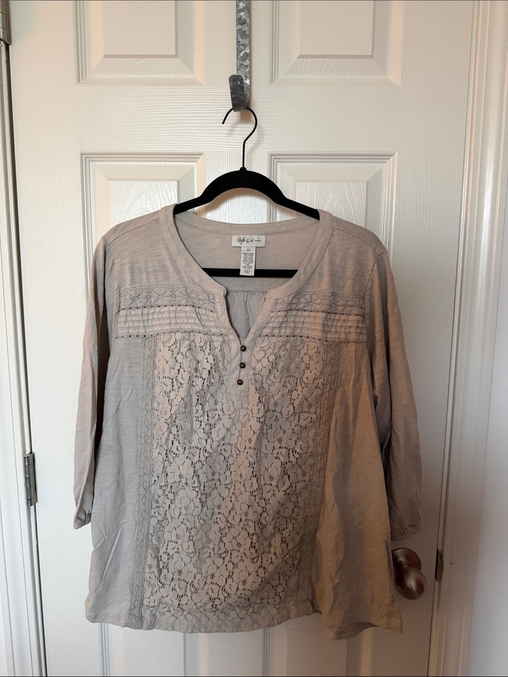 Style & Co. Lace-Front Henley Tunic Top in Taupe